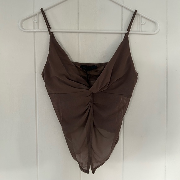 Ava and Ever Sammy Mesh Brown Knot Front Cami Top - Picture 2 of 3